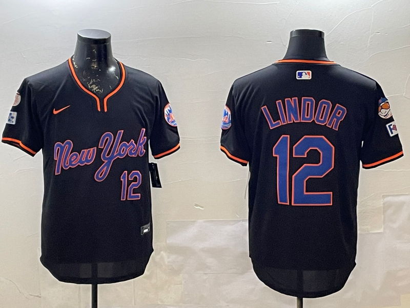 Men's New York Mets Francisco Lindor #12 Black Jersey